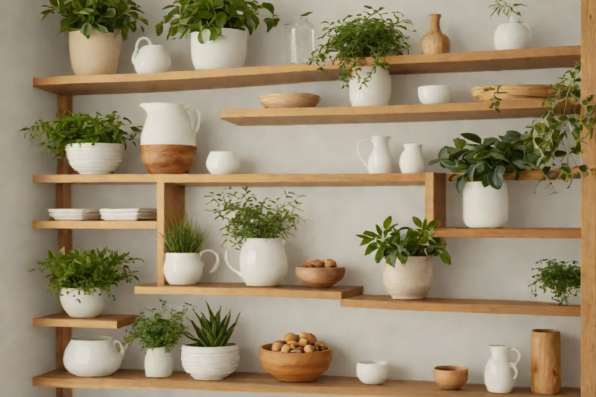 Open Shelving with Natural Ceramics - Farmhouse Living Room Ideas