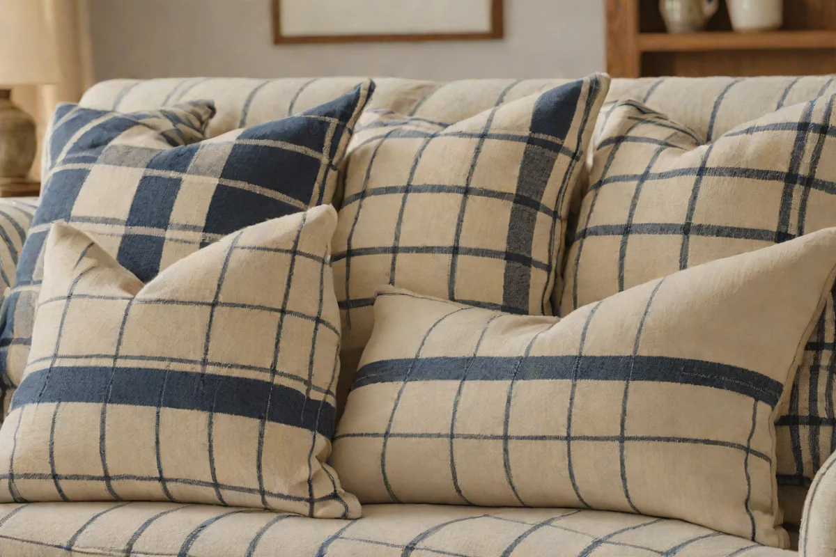 The Comfort of Plaid and Grain Sack Patterns - Farmhouse Living Room Ideas