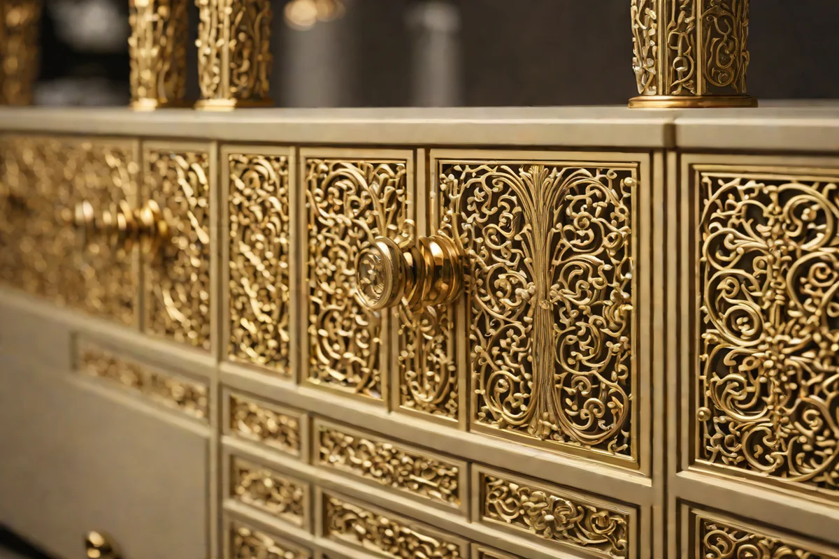 Filigree and Engraved Gold Details - Kitchen Cabinet Hardware Ideas