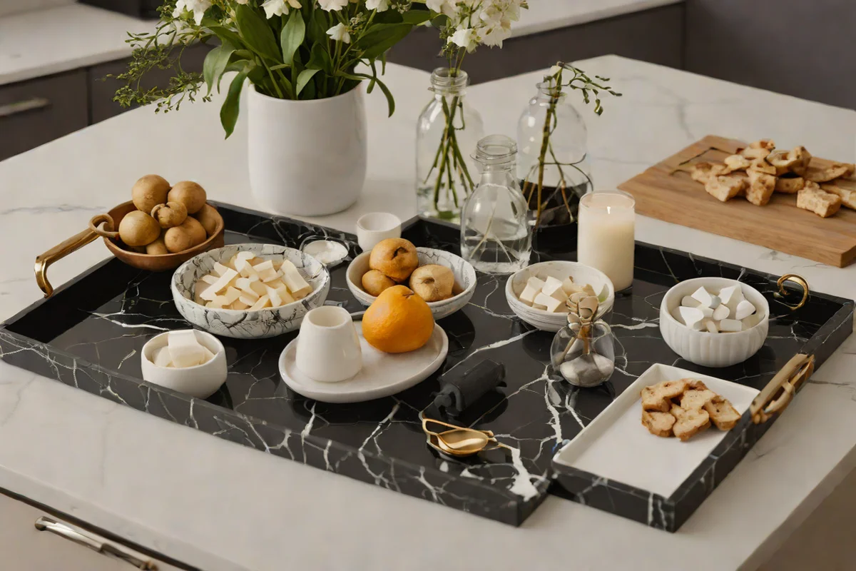 High-Contrast Marble Accessory Trays - Kitchen Island Decor Ideas
