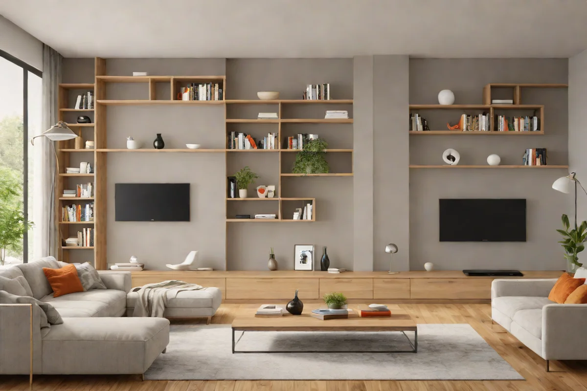 Asymmetrical Shelving Layouts - Living Room TV Wall Design Ideas