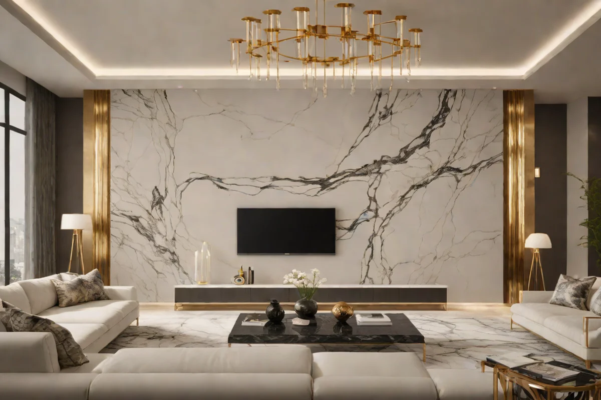 Grand Marble Slab Integration - Living Room TV Wall Design Ideas