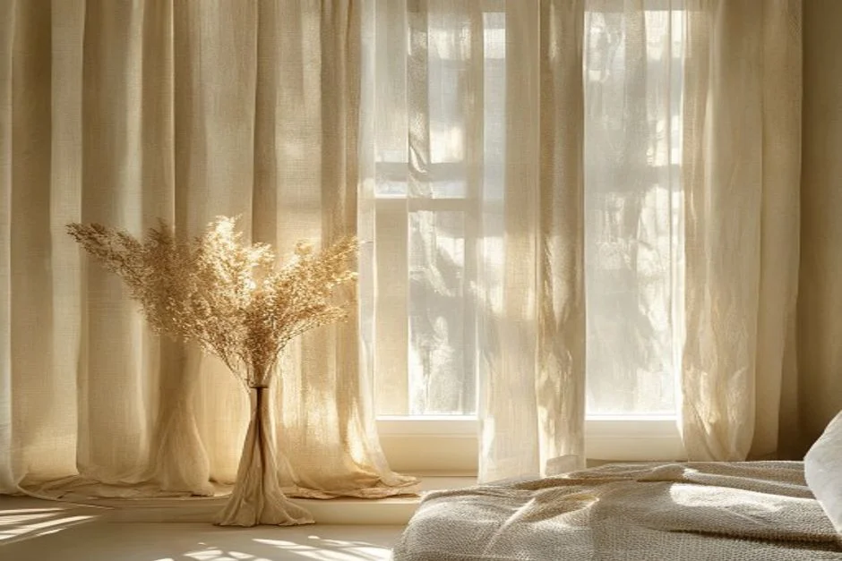 Tactile Linen Window Treatments - Modern Japandi Living Room Designs