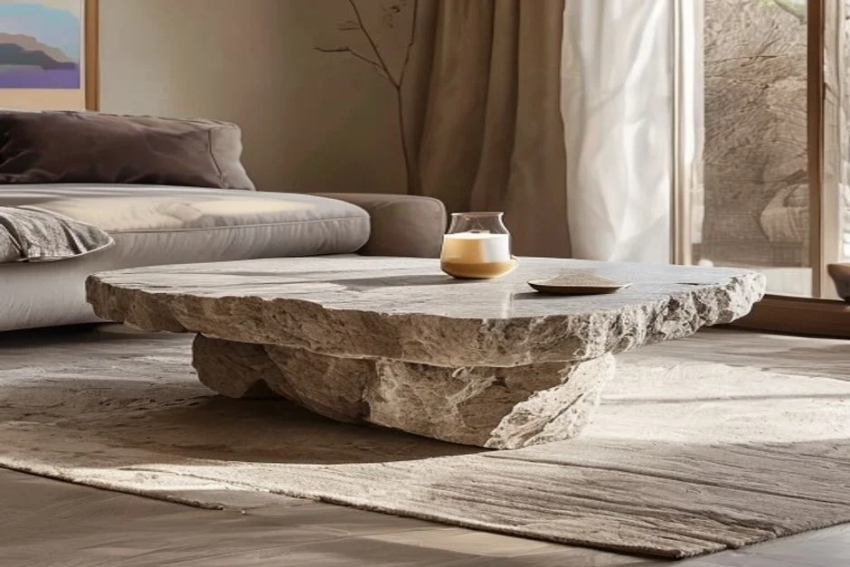 The Low-Slung Stone Coffee Table - Modern Japandi Living Room Designs