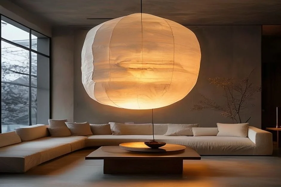 Large-Scale Paper Lantern Lighting - Modern Japandi Living Room Designs