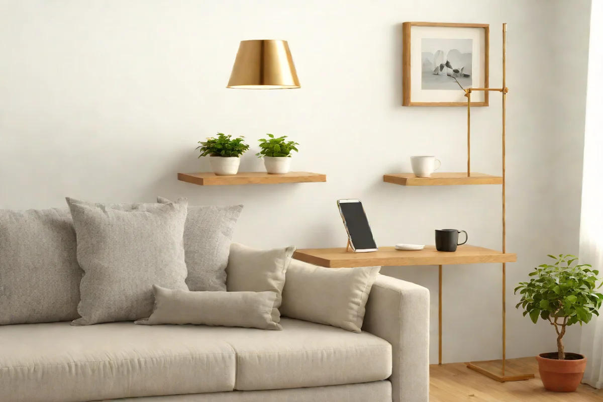 Floating Shelves Instead of Floor Lamps - Small Living Room Ideas