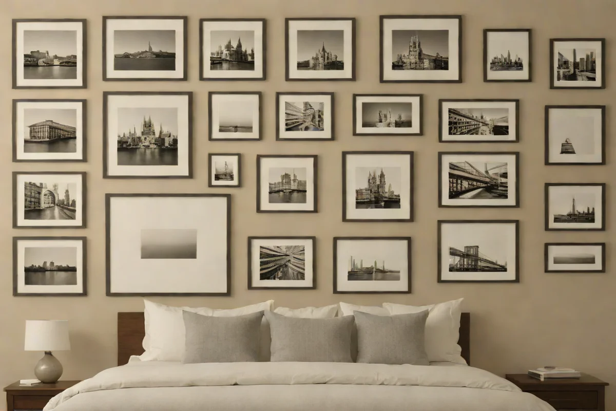 Geometric Grid Matrices of 9 Uniform Square Frames Geometric Grid Matrices of 9 Uniform Square Frames - Artwork Placement Ideas Above the Bed