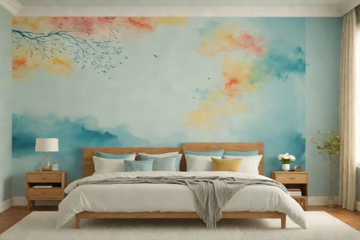 Whimsical Watercolor Sky Fresco Overlaps Whimsical Watercolor Sky Fresco Overlaps - Artwork Placement Ideas Above the Bed
