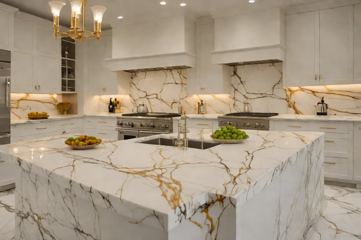 Monolithic Calacatta Gold Marble Slab Runouts - Backsplash Ideas for White Kitchens