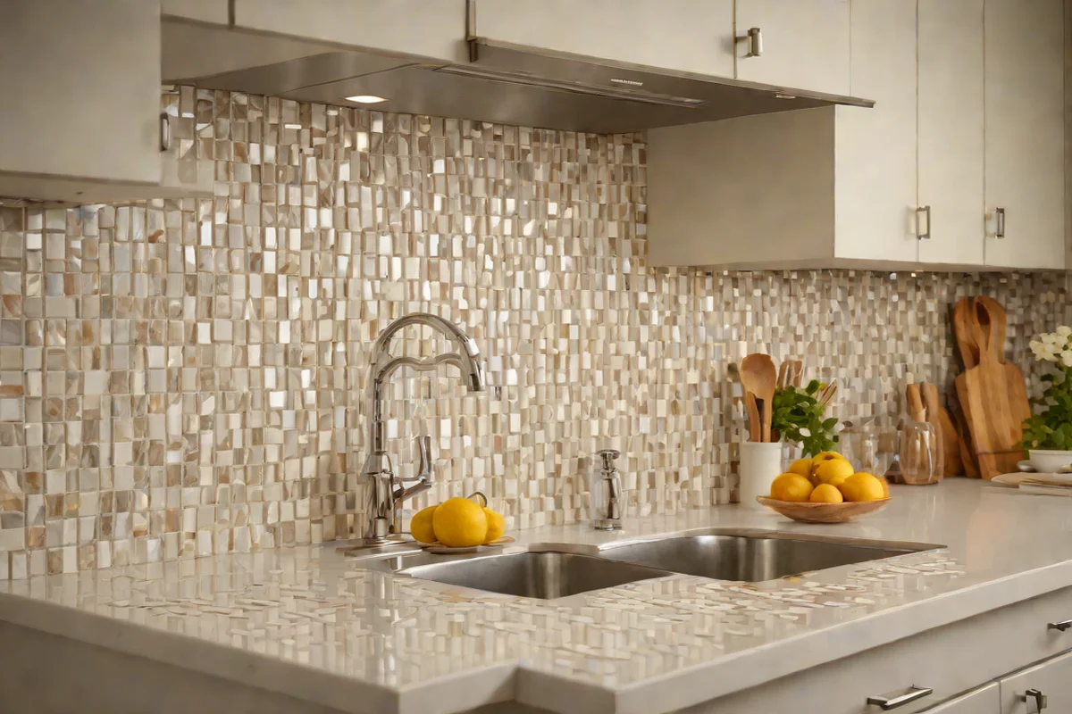 High-Gloss Mother-of-Pearl Mosaic Horizons - Backsplash Ideas for White Kitchens