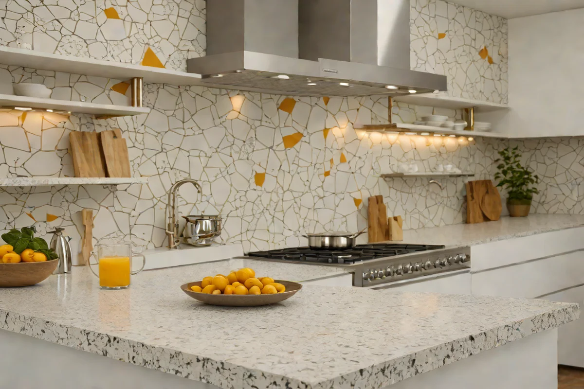 Thick Layered White Terrazzo Blocks - Backsplash Ideas for White Kitchens