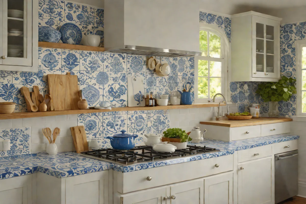 Whimsical Delftware Hand-Painted Blue Accents - Backsplash Ideas for White Kitchens