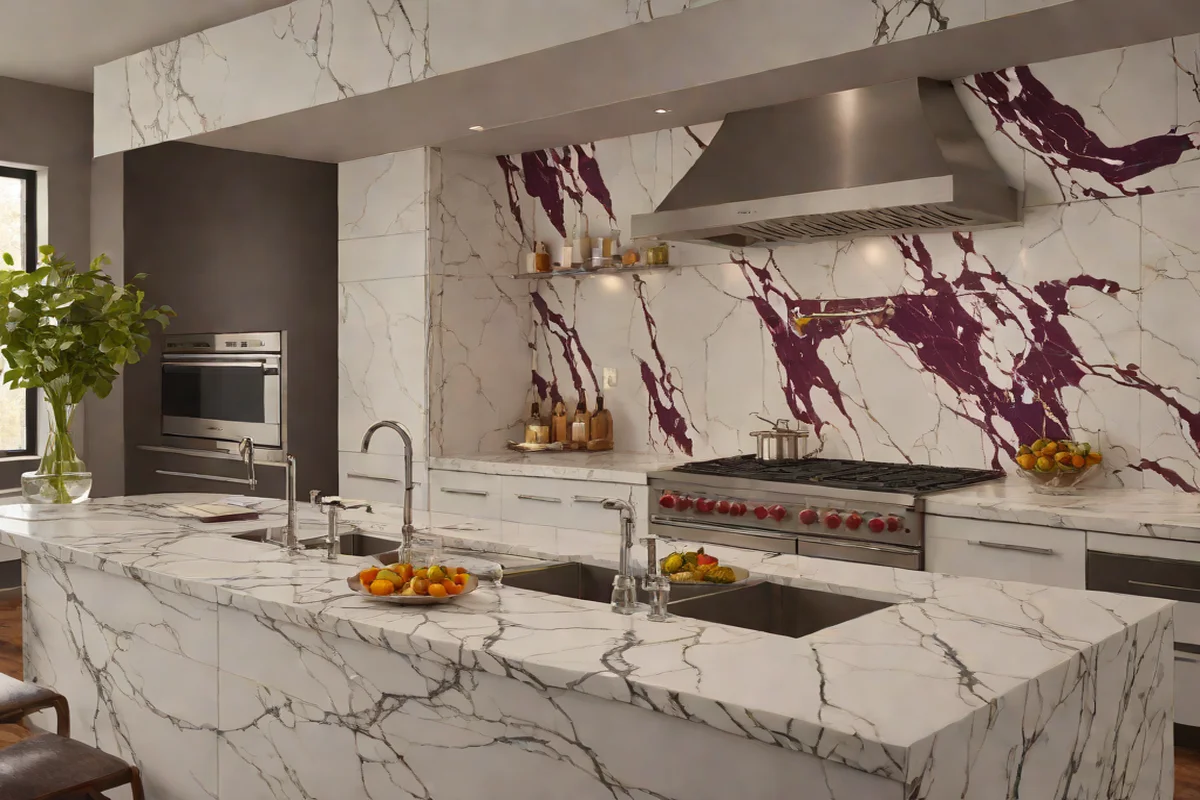 Over-the-Range Cascading Calacatta Viola Burgundy Blocks - Backsplash Ideas for White Kitchens
