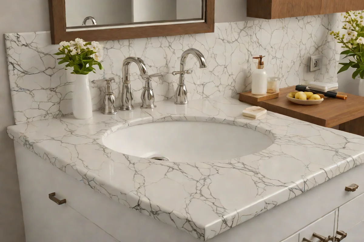 Monolithic Peel-and-Stick Quartz Countertop Overlays - Bathroom Decor Ideas on a Tiny Budget