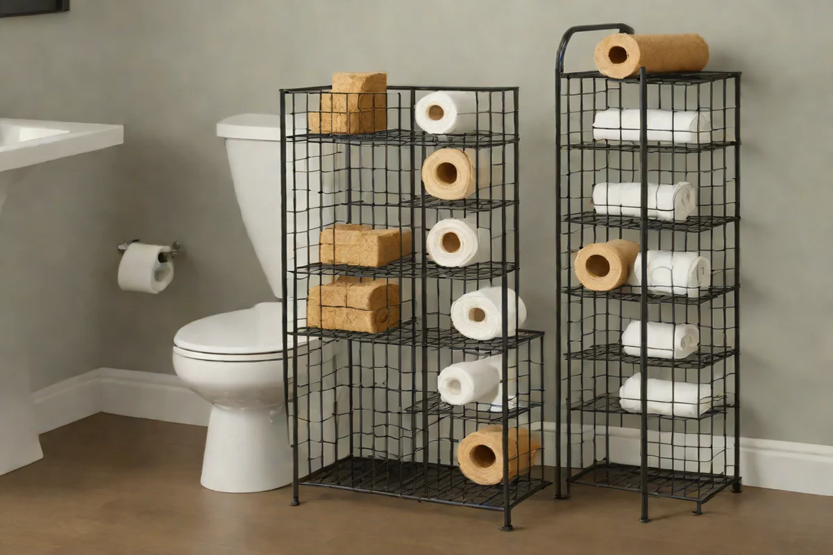 Industrial Wire Basket Toilet-Paper Silos - Bathroom Decor Ideas on a Tiny Budget