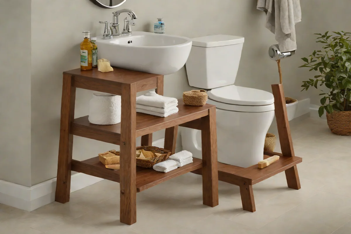 Thrifty Walnut-Stained Step-Stool Risers - Bathroom Decor Ideas on a Tiny Budget
