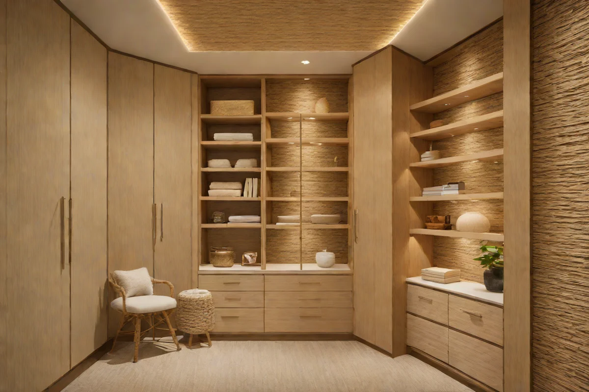Layered Textural Softness via Woven Grasscloth Wallpapers - Bedroom Closet Remodel Ideas