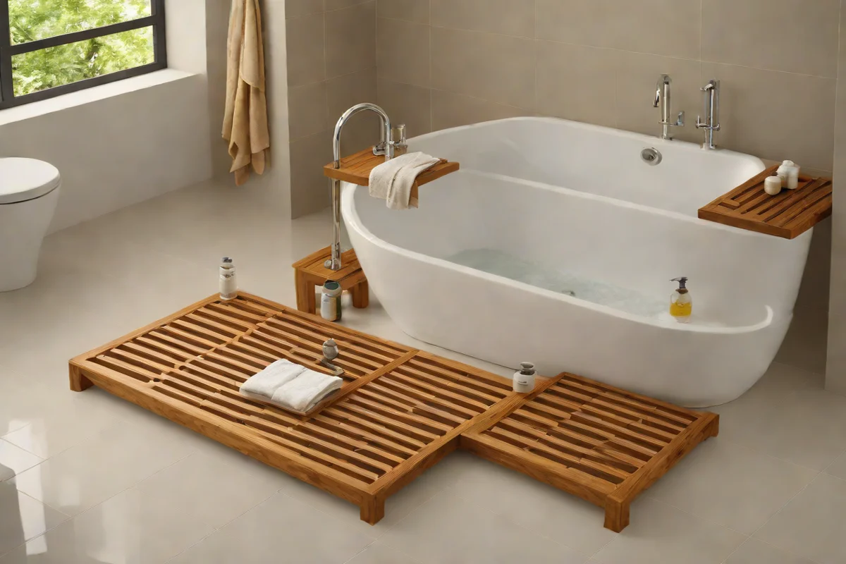 The Low-Slung Horizontal Teak Duckboard Platform The Low-Slung Horizontal Teak Duckboard Platform - Freestanding Tub Ideas