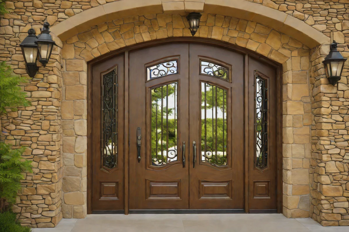 High-Gloss Walnut Entry Door Focal Anchors - French Country Exterior and Garden Designs
