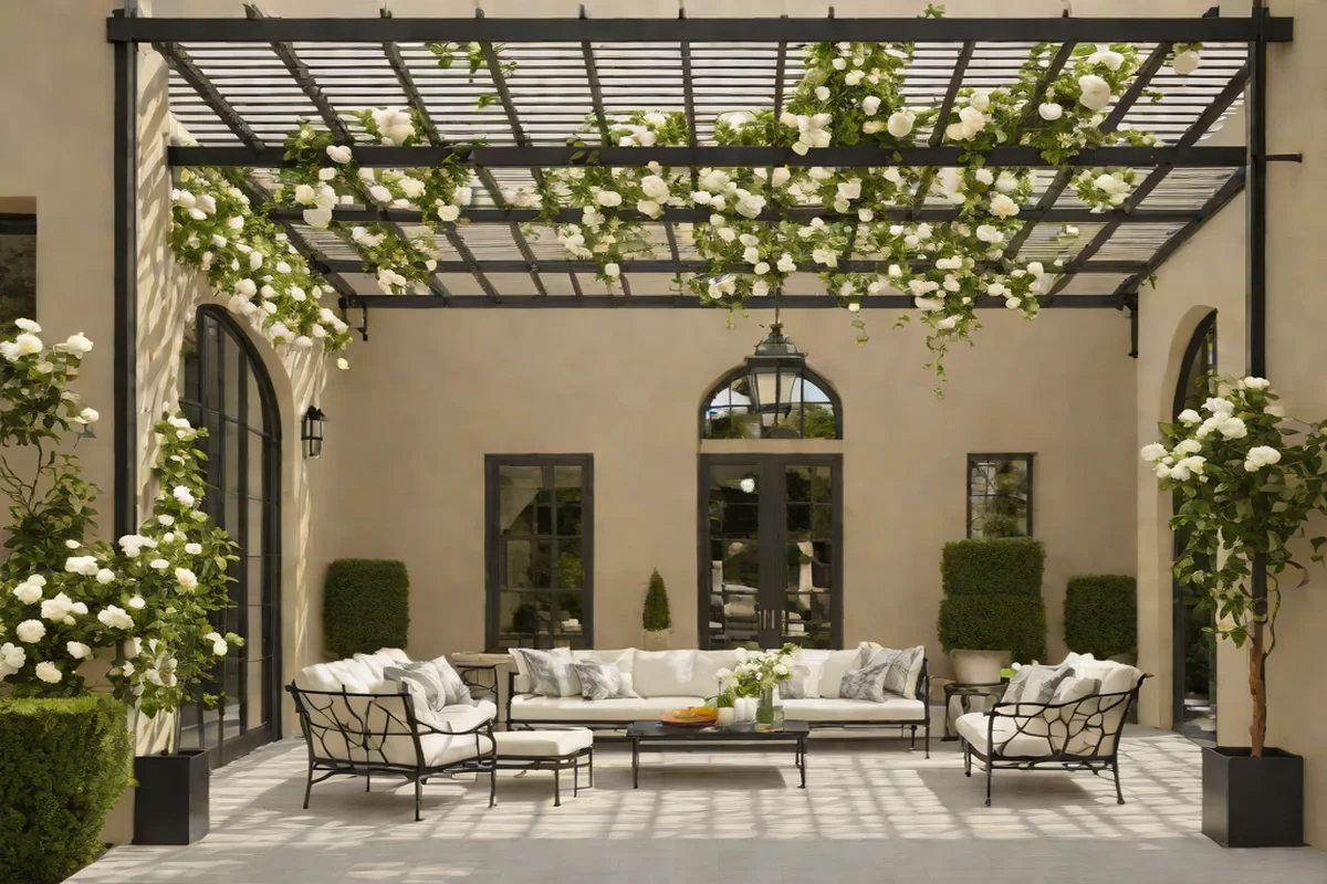 Symmetrical Wrought-Iron Pergola Canopies - French Country Exterior and Garden Designs