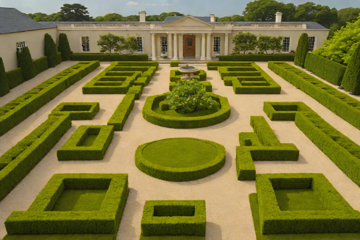 Symmetrical Axial Parterre Boxwood Matrices - French Country Exterior and Garden Designs