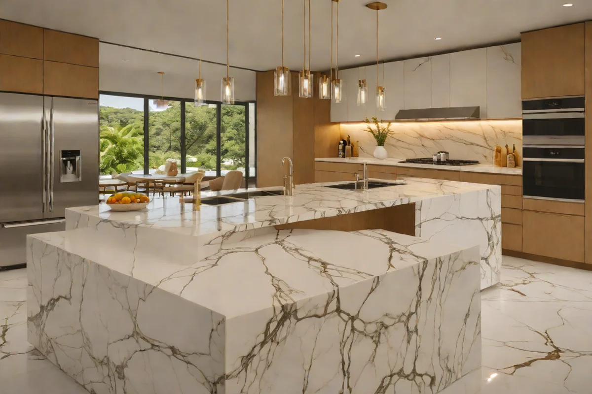 Monolithic Calacatta Gold Waterfall Ends - Marble Countertop Inspiration