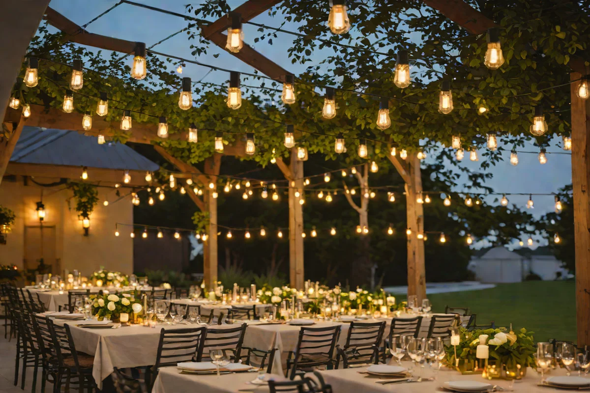 Over-the-Table Drop-Down Festoon Light Canopies Over-the-Table Drop-Down Festoon Light Canopies - Outdoor Dining Area Ideas