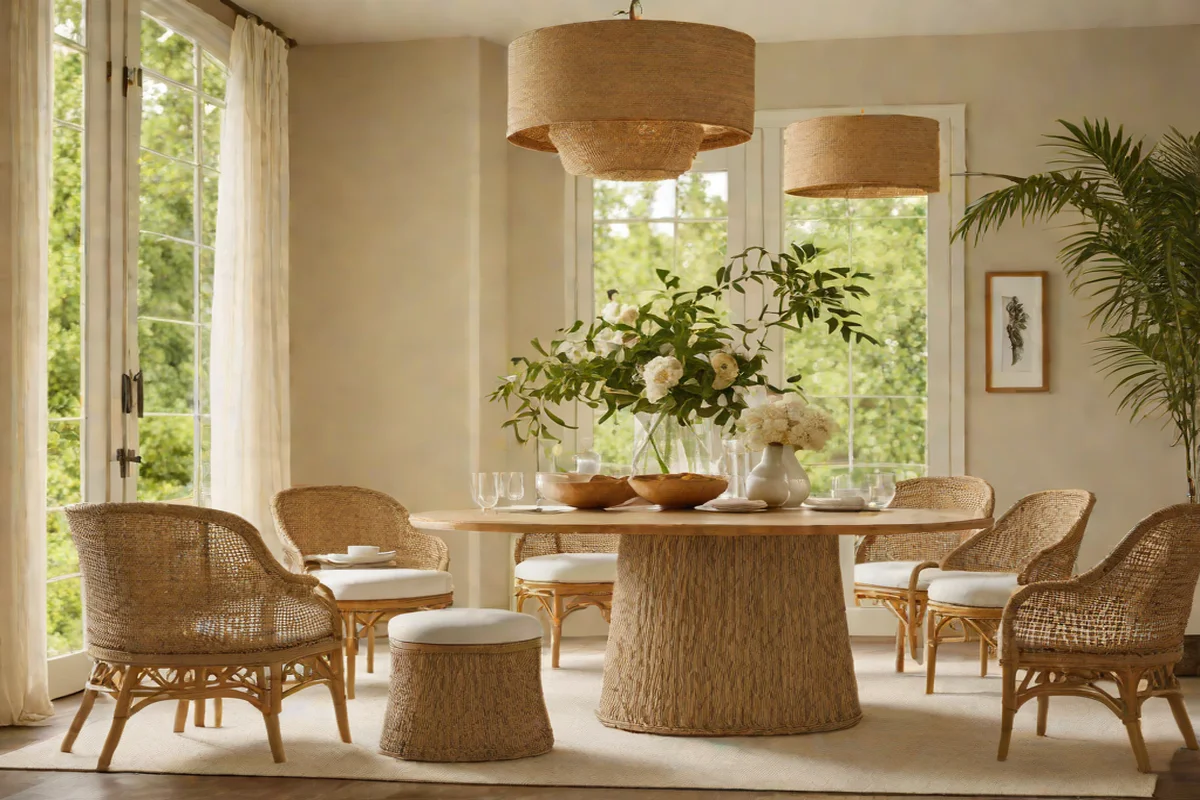 Hand-Woven Rattan-Wrapped Pedestal Columns - Round Wood Dining Table Ideas