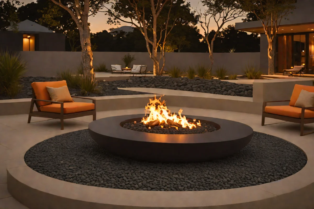 The Low-Slung Monolithic Fire Bowl Hub - Small Backyard Layout Ideas