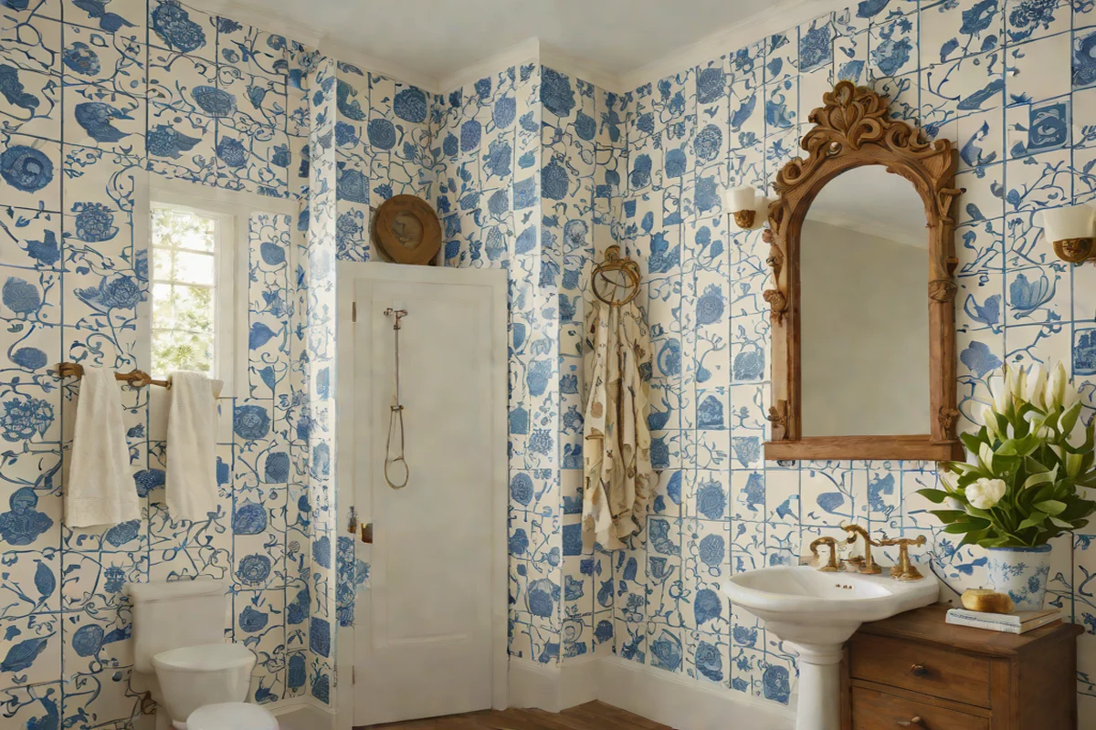 Whimsical Delftware Hand-Painted Indigo Grids - Wallpaper Ideas for Powder Rooms