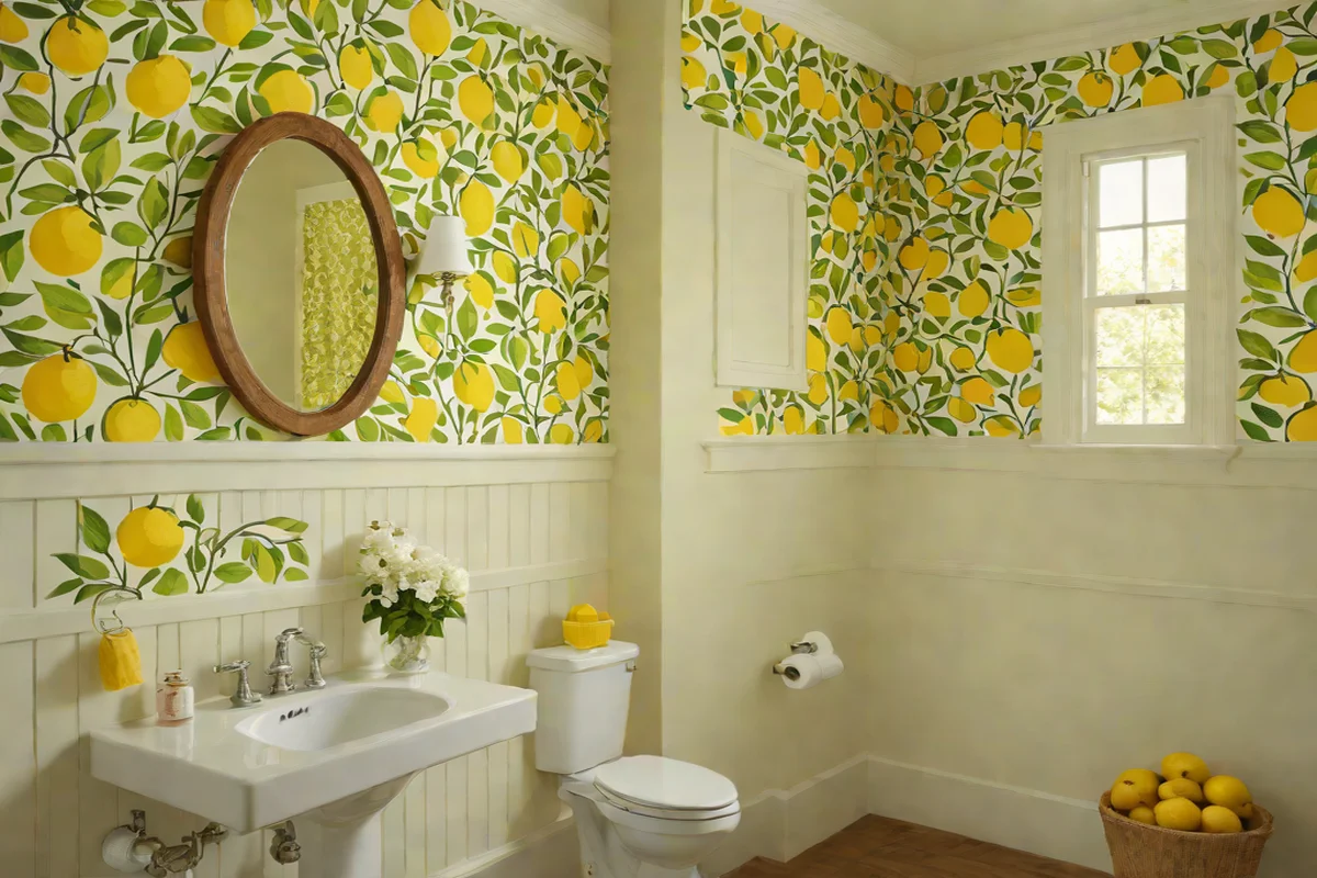 Over-the-Wainscoting Citron Citrus Cascades - Wallpaper Ideas for Powder Rooms
