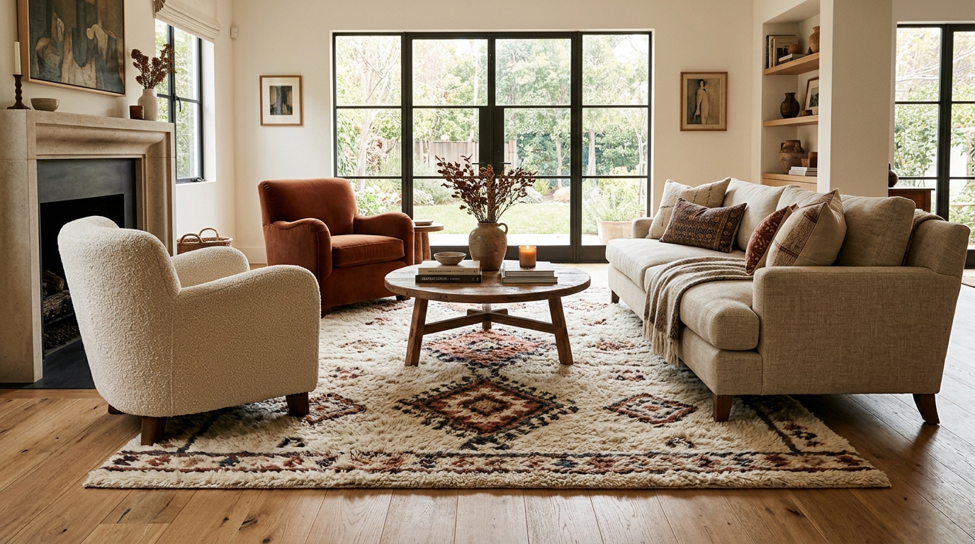 Anchor Seating With a Thick, High-Pile Wool Rug