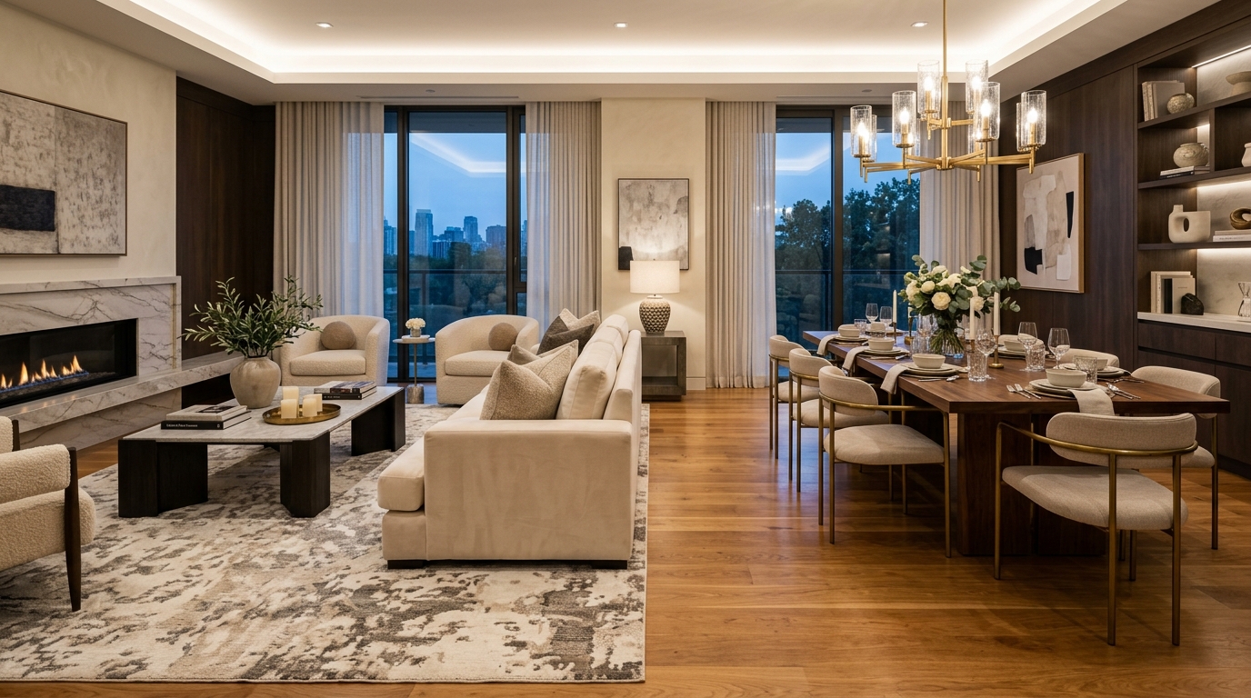 Anchor the Seating Area With a Low-Profile Rug