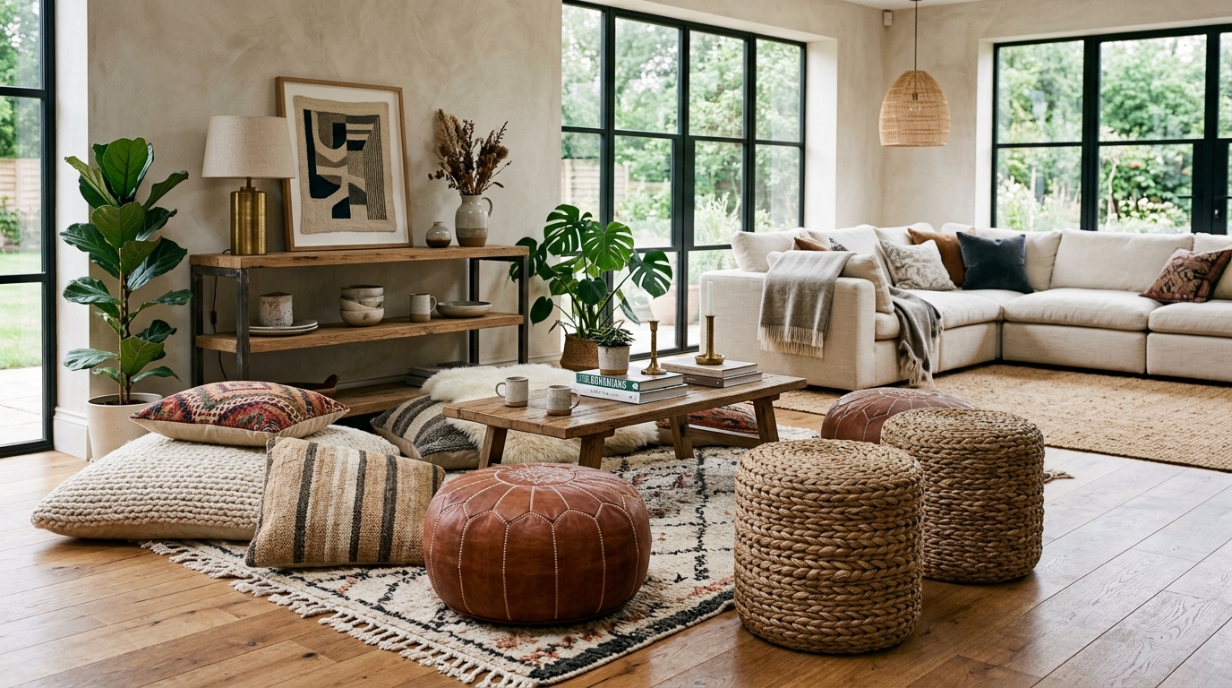 Cozy Floor Poufs and Woven Ottomans