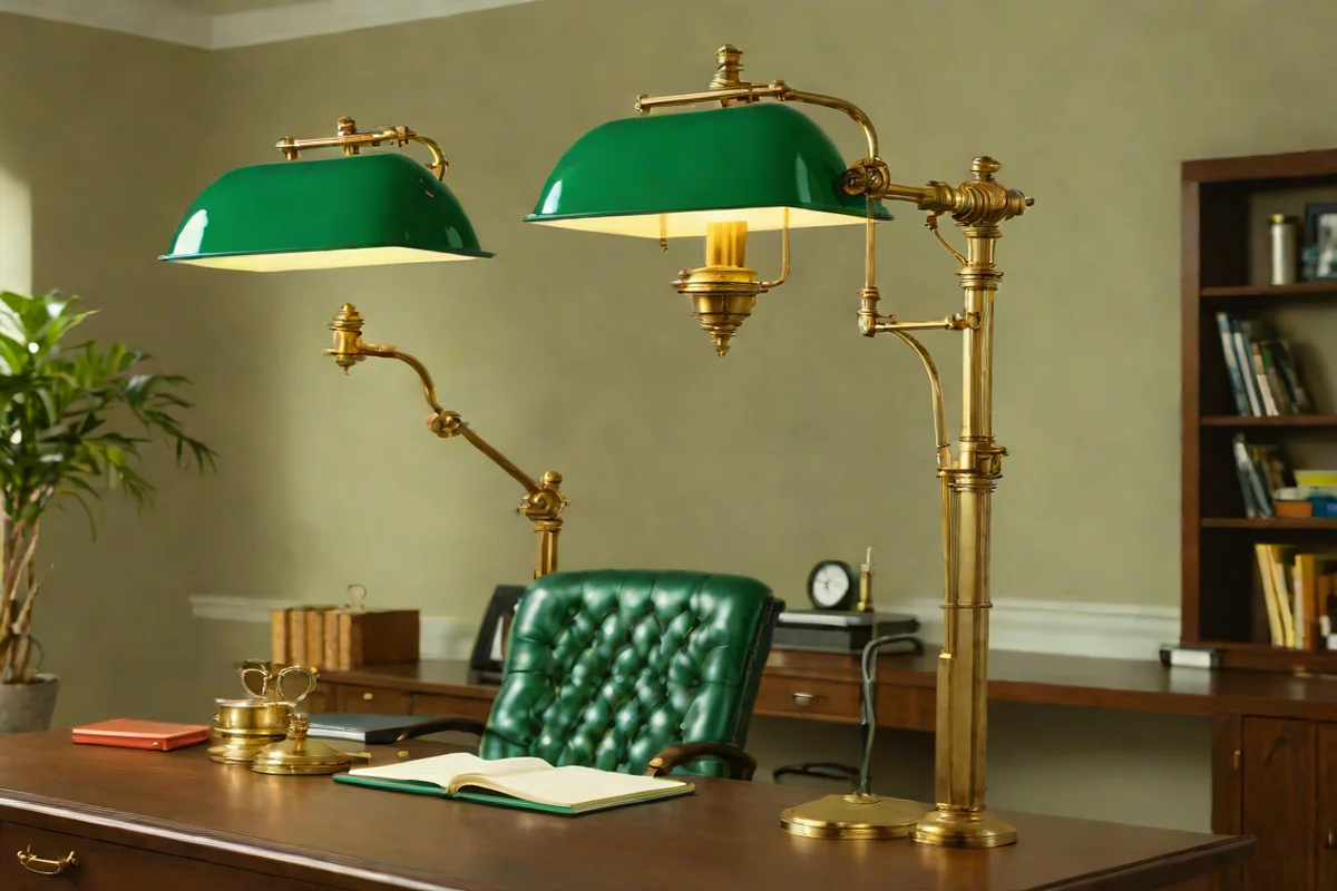 Over-the-Desk Drop-Down Heavy Brass Banker Lamps Over-the-Desk Drop-Down Heavy Brass Banker Lamps - Dark Academia Interior Design