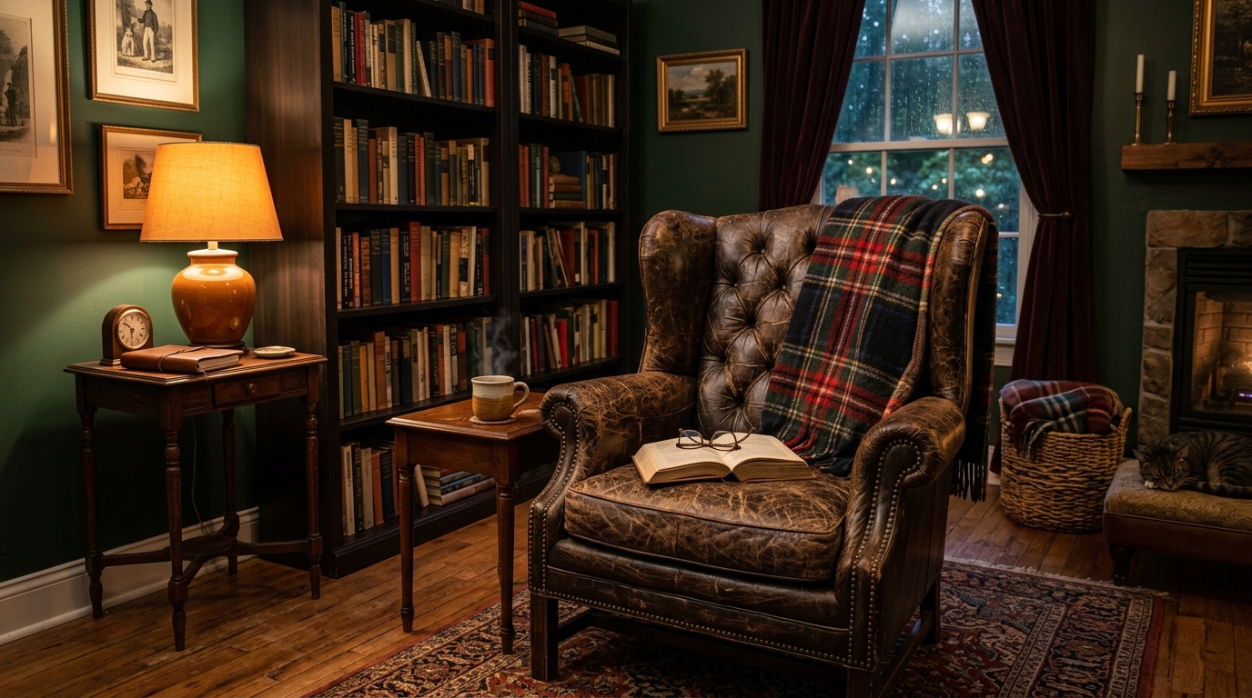 Distressed Leather Wingback Reading Chairs