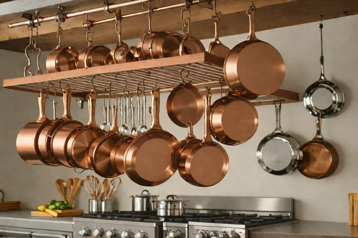 Industrial Raw Copper Heavy-Gauge Cookware Racks - French Country Aesthetic