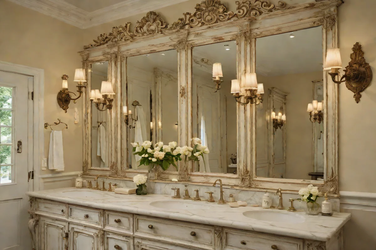 Over-the-Vanity Drop-Down Distressed Trumeau Mirrors - French Country Aesthetic