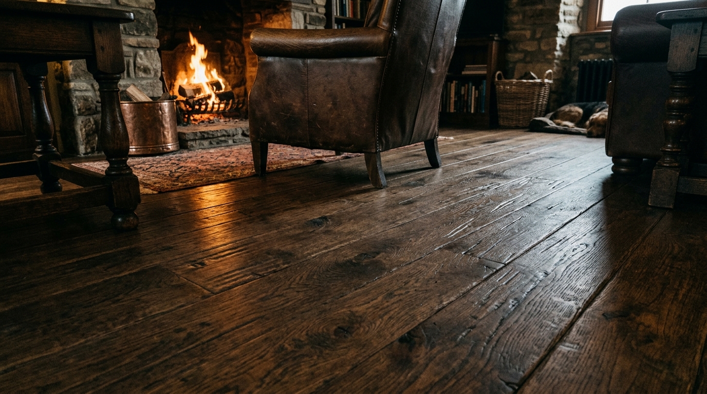 Hand-Scraped Dark Oak Wide Plank Floors