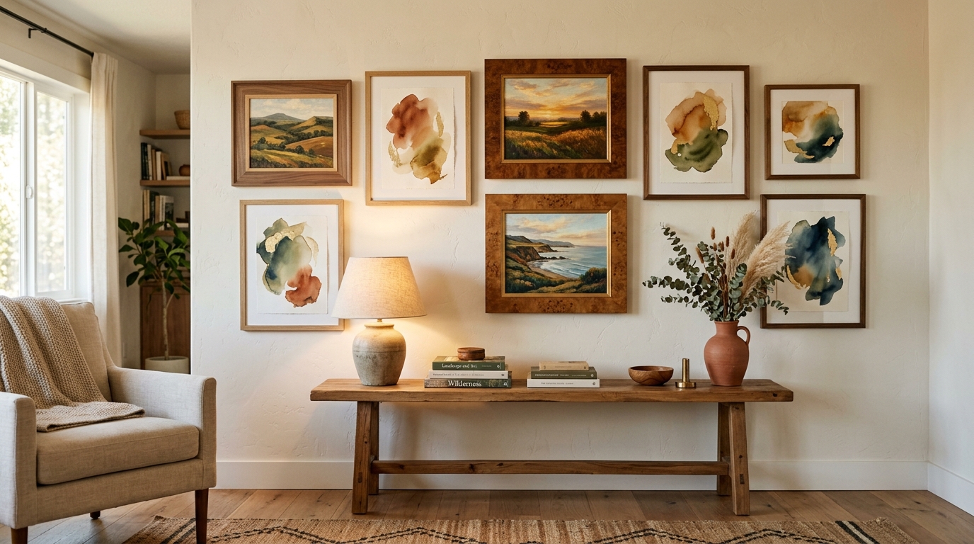 Hang Curated Artwork in Warm Wooden Frames