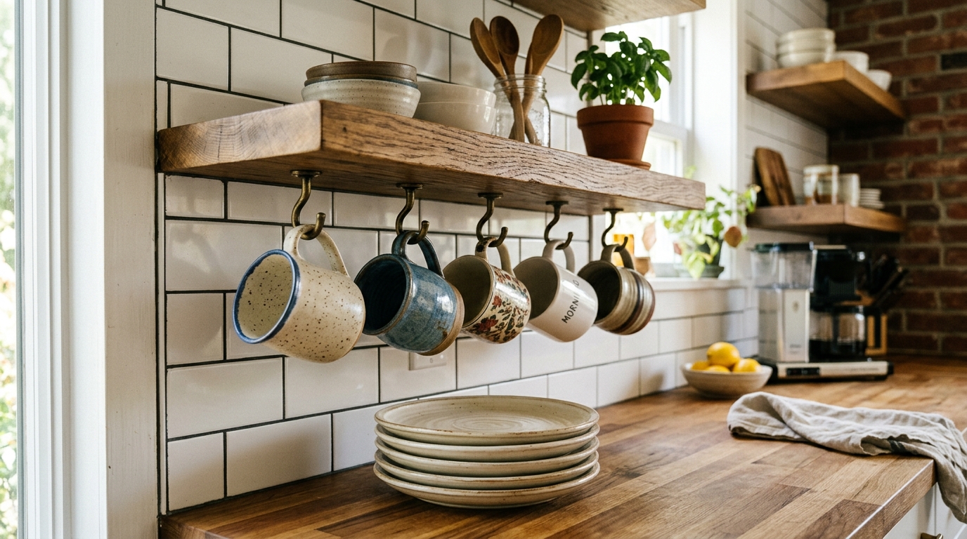 Hang Mugs From Under-Shelf Brass Hooks