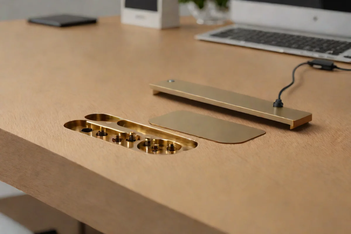Minimalist Concealed Desktop Grommet Insets Minimalist Concealed Desktop Grommet Insets - Japandi Home Office Design