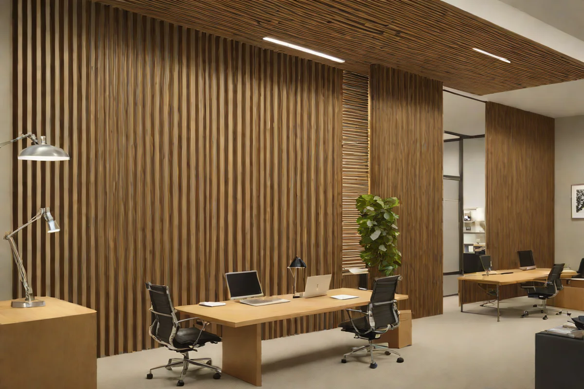 Low-Profile Walnut Slatted Vertical Wall Panels Low-Profile Walnut Slatted Vertical Wall Panels - Japandi Home Office Design