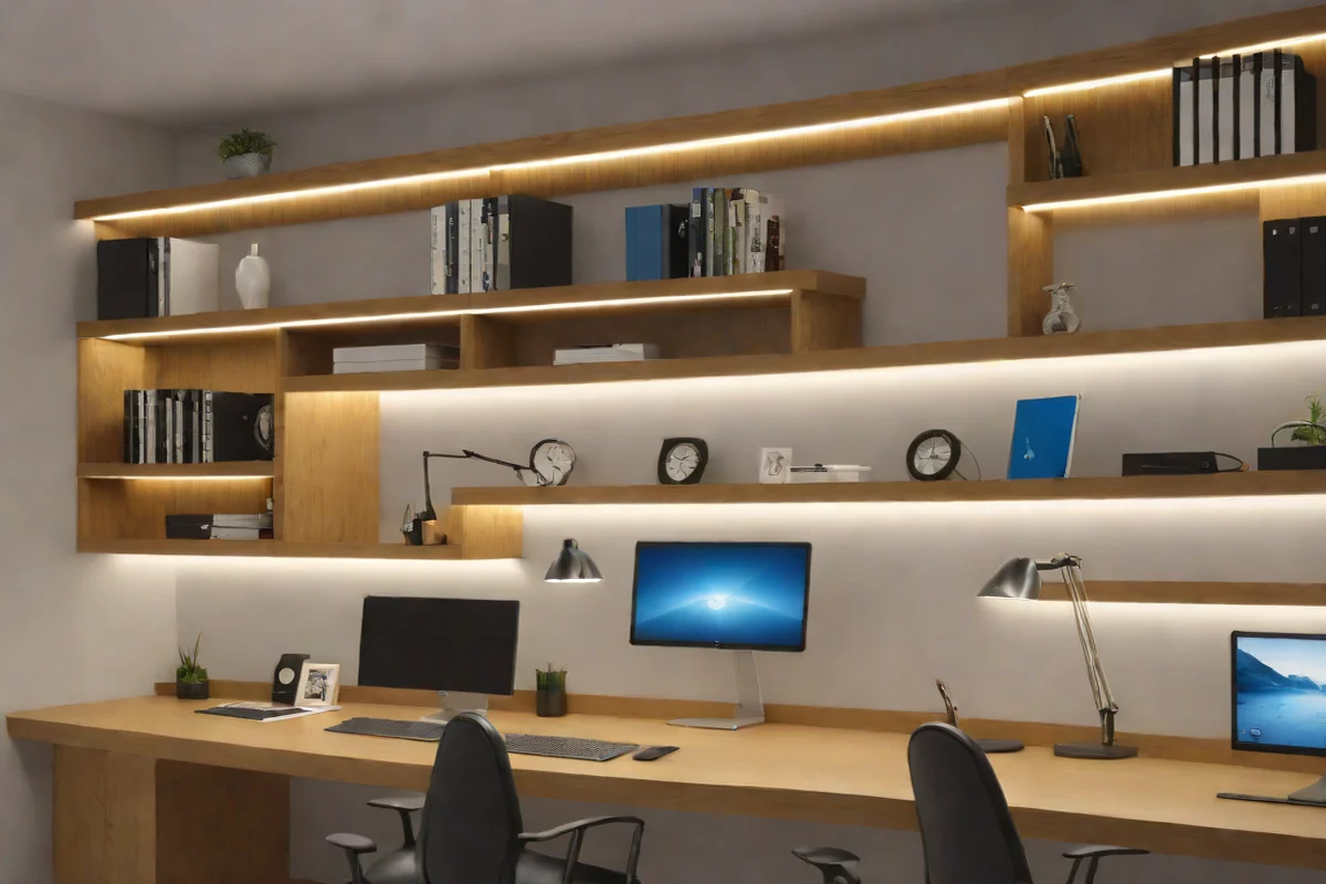 Over-the-Desk Drop-Down Backlit Utility Ledges Over-the-Desk Drop-Down Backlit Utility Ledges - Japandi Home Office Design