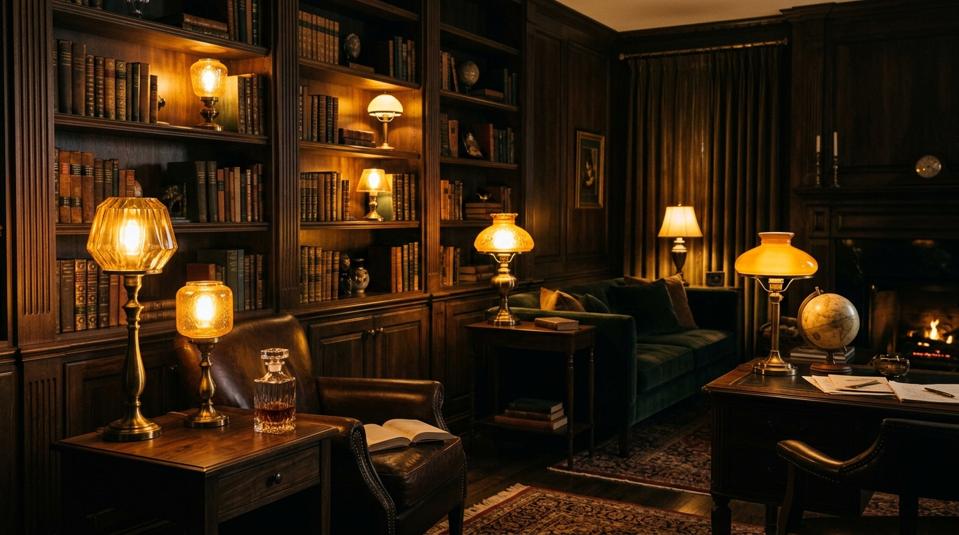 Moody Amber Glass and Brass Table Lamps