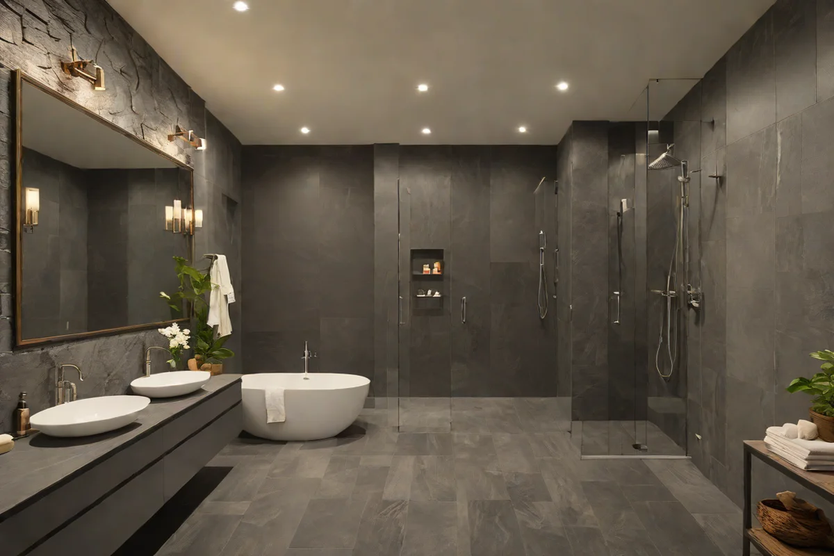 Monolithic Charcoal Slate Slab Runouts Monolithic Charcoal Slate Slab Runouts - Moody Dark Bathroom Ideas