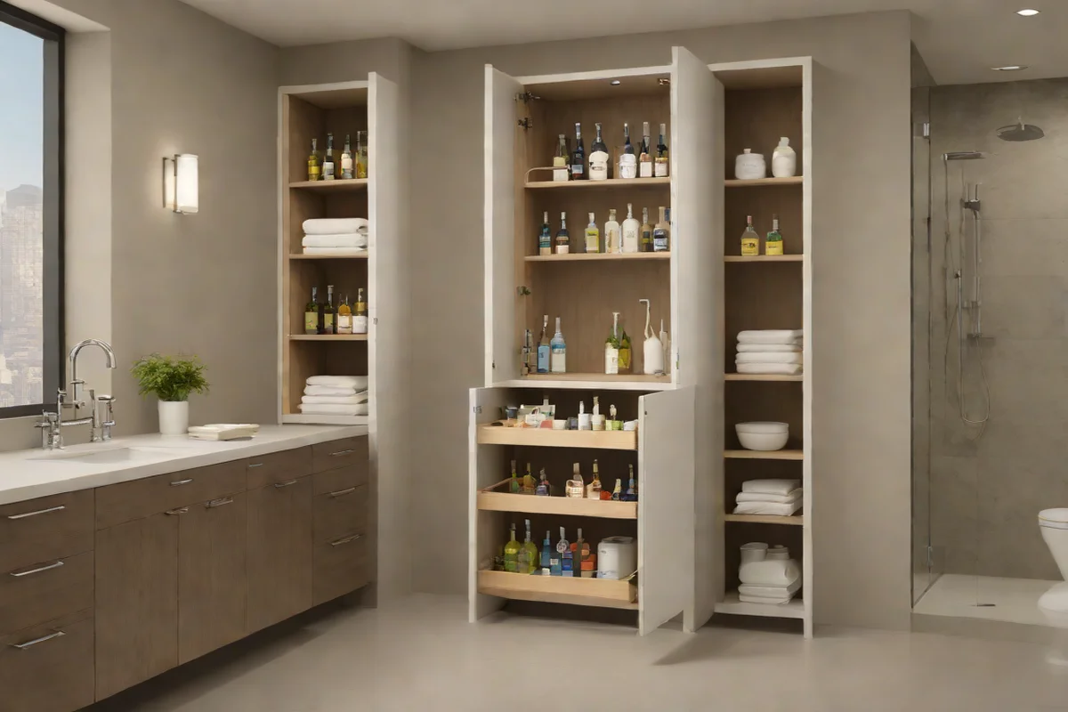 Minimalist Under-Sink Storage Towers Minimalist Under-Sink Storage Towers - Moody Dark Bathroom Ideas