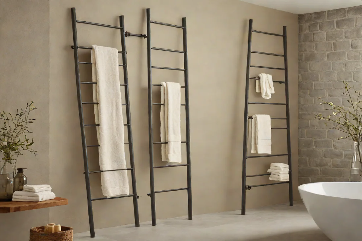 Industrial Raw Iron Framed Towel Ladders Industrial Raw Iron Framed Towel Ladders - Moody Dark Bathroom Ideas
