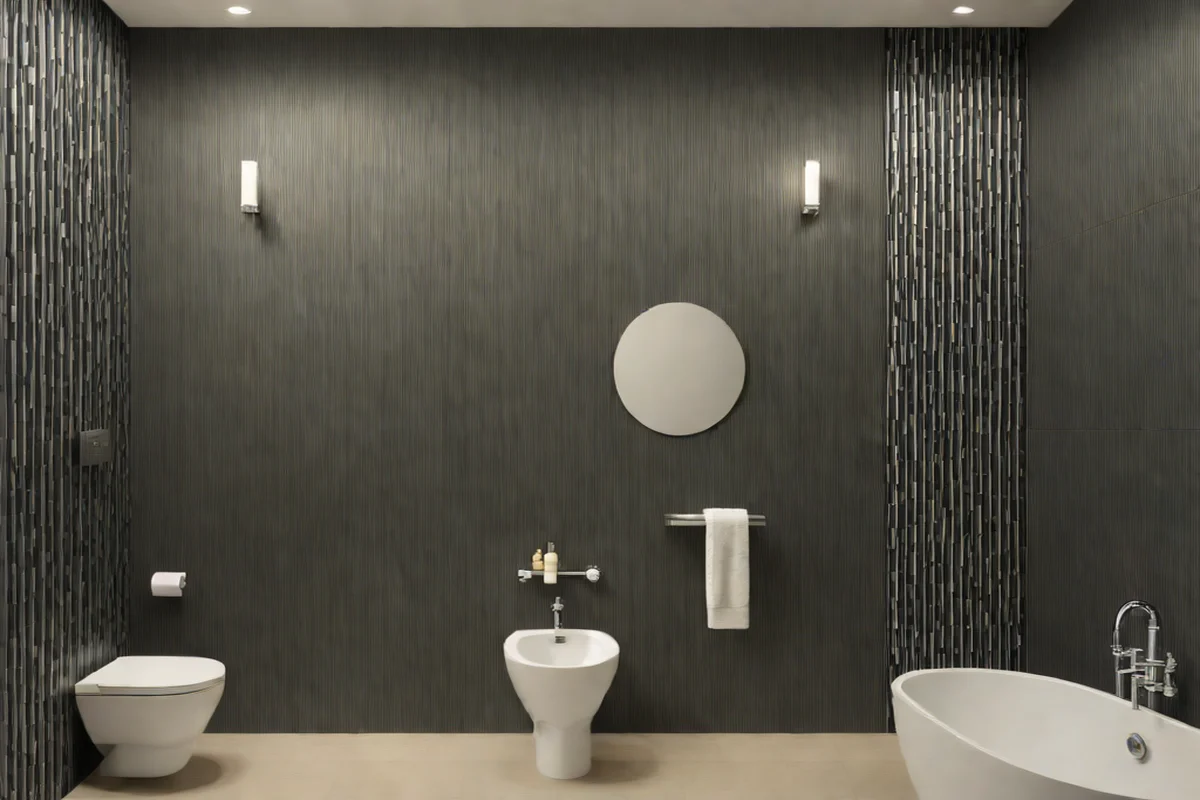 Symmetrical Vertical Stacked Kit-Kat Tiles Symmetrical Vertical Stacked Kit-Kat Tiles - Moody Dark Bathroom Ideas