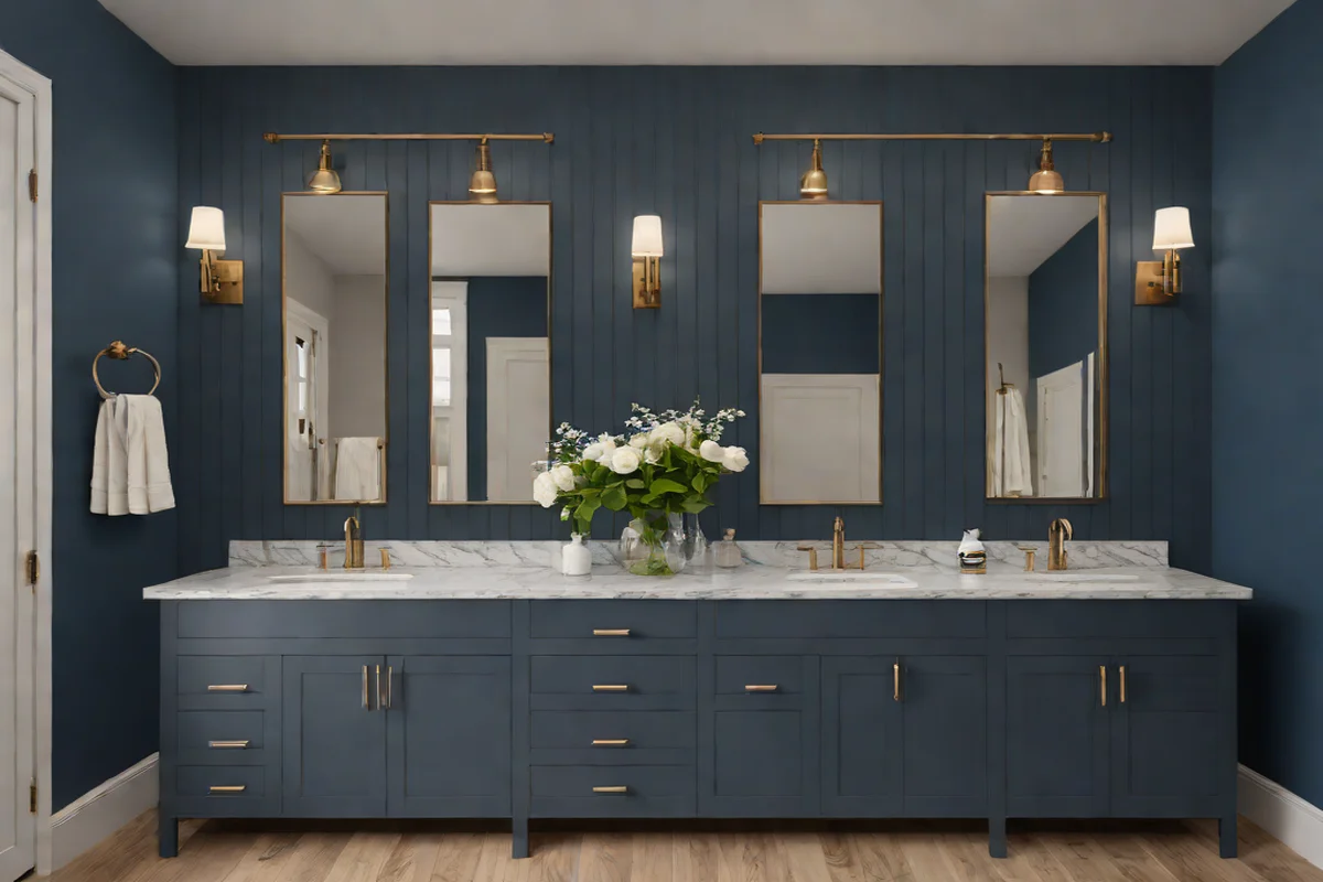 Symmetrical Axial Navy Shiplap Paneling Symmetrical Axial Navy Shiplap Paneling - Moody Dark Bathroom Ideas